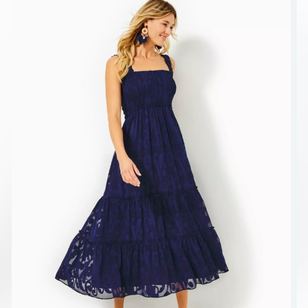 Lilly Pulitzer Hadly Smocked Maxi Navy Dress NWT